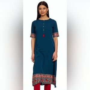 Janasya Women’s Teal Polly Crepe Floral Print A-line Kurta DzSmall